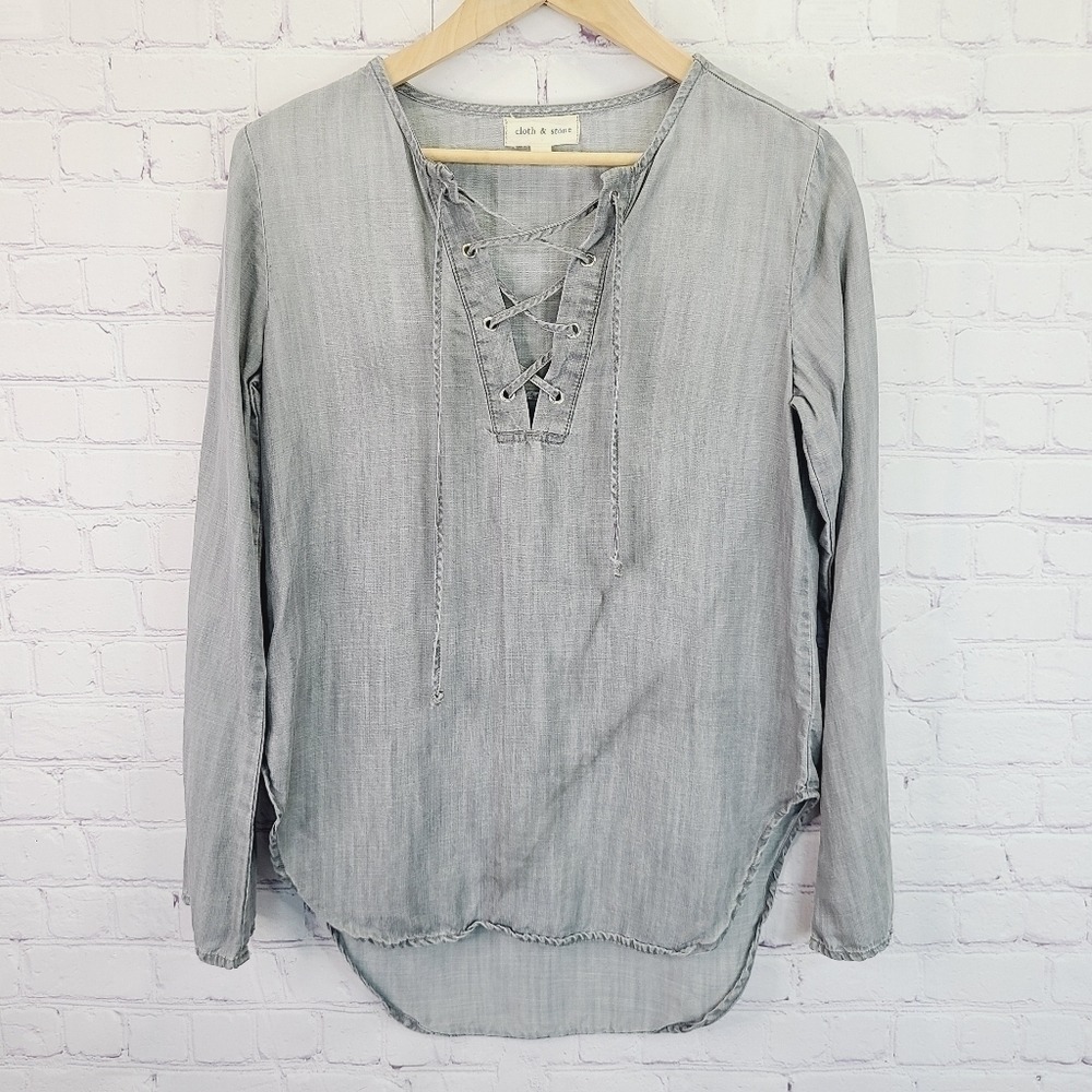 Cloth & Stone Grey Tencel Lace Up Long Sleeve Top XS C1270-678-141